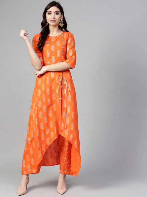 

aasi Women Orange & Golden Printed Kurta with Trousers