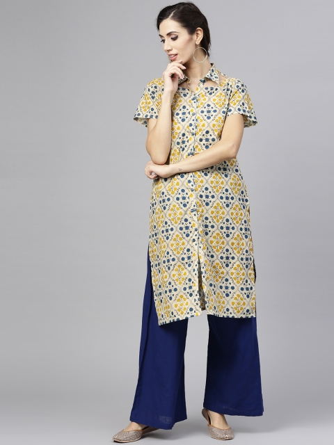 

aasi Women Beige & Blue Printed Straight Kurta