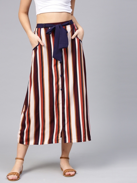 

aasi Women Burgundy & Rust Orange Striped A-Line Skirt