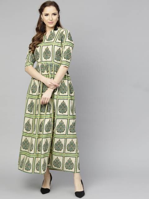 

aasi Women Beige & Green Printed Maxi Dress