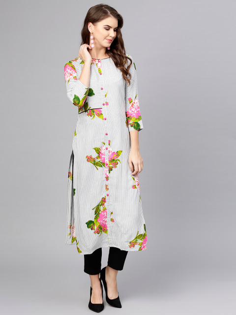 

aasi Women White & Grey Floral Print Straight Kurta