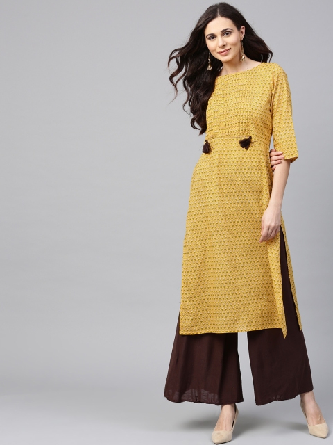 

aasi Women Mustard Yellow Printed Layered Straight Kurta