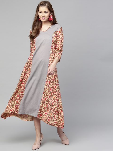 

aasi Women Beige & Grey Floral Print A-Line Dress