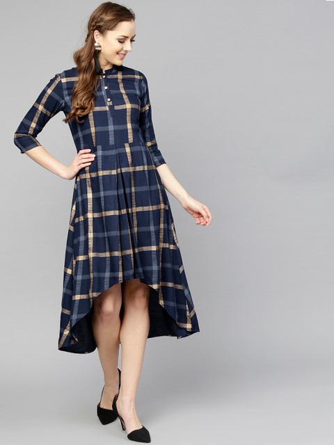 

aasi Women Navy Blue Checked A-Line Dress