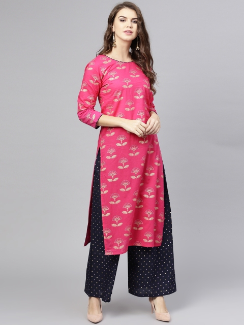 

aasi Women Magenta & Navy Blue Printed Kurta with Palazzos