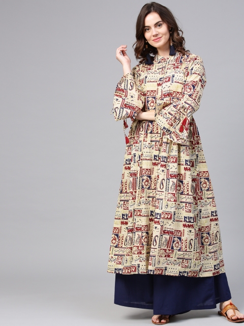 

aasi Women Beige & Navy Blue Printed Kurta with Palazzos