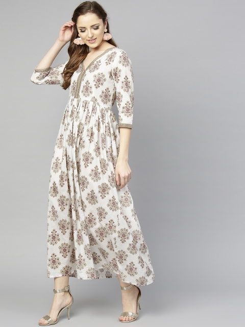 

aasi Women White & Pink Printed Maxi Dress