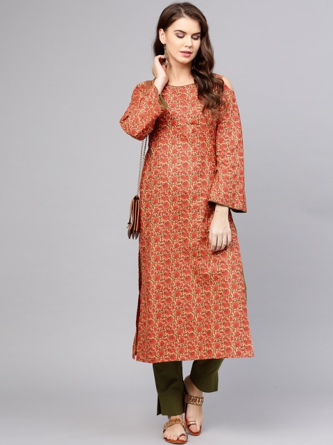 

aasi Women Beige & Red Printed Kurta with Trousers