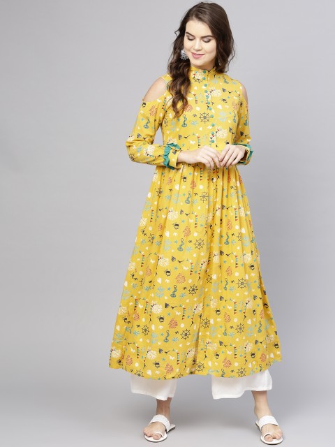 

aasi Women Mustard Yellow & Blue Printed A-Line Kurta
