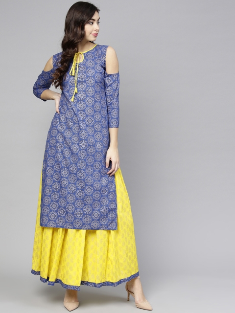 

aasi Women Blue & Yellow Printed Kurta with Skirt