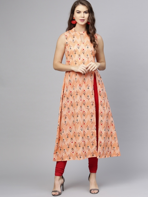 

aasi Women Peach-Coloured & Green Printed A-Line Kurta