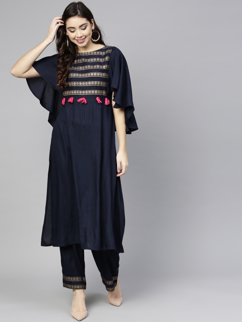 

aasi Women Navy Blue Yoke Design Kurta with Palazzos