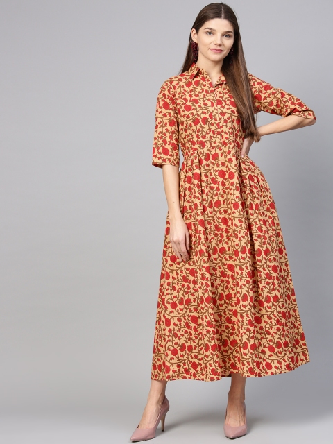 

aasi Women Beige & Red Printed Maxi Dress