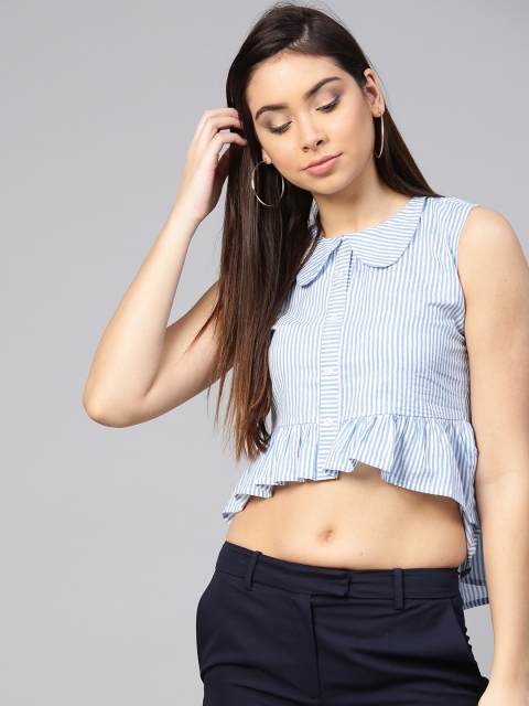 

aasi Women Blue & White Striped High-Low Pure Cotton Top