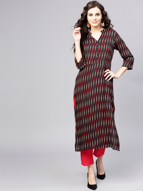 

aasi Women Black & Red Printed Straight Kurta