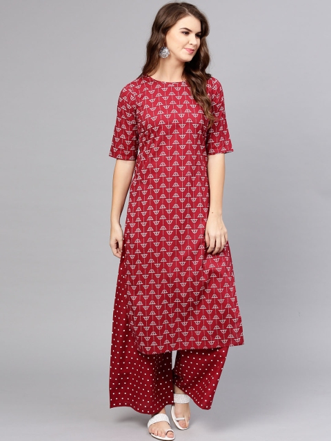 

aasi Women Maroon & White Printed Kurta with Palazzos