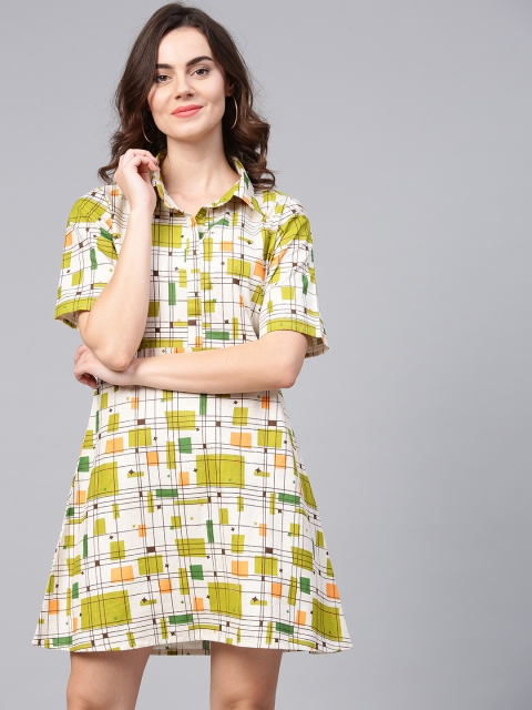 

aasi Off-White & Green Printed Mini Shirt Dress