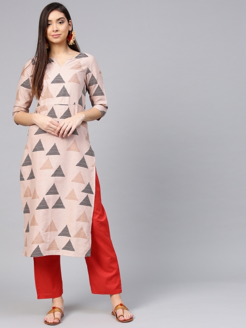 

aasi Women Beige & Red Printed Kurta with Trousers