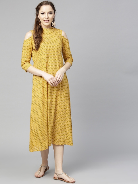 

aasi Women Mustard Yellow Printed A-Line Dress