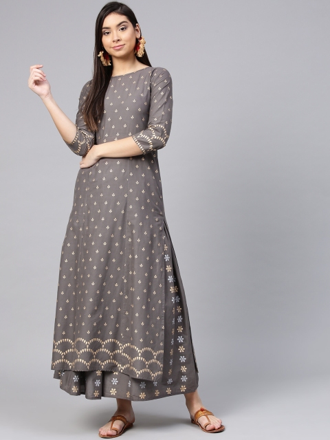 

aasi Women Grey Printed Kurta with Skirt