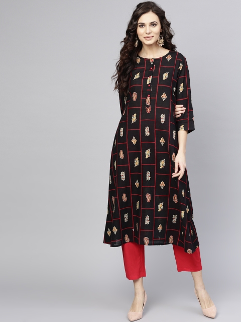 

aasi Women Black & Red Printed A-Line Kurta