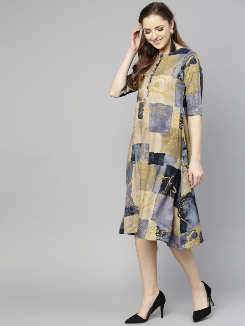 

aasi Women Beige & Navy Blue Printed A-Line Dress