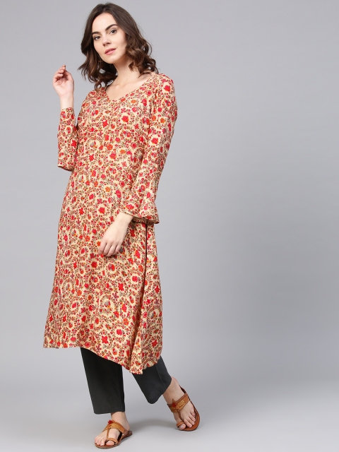 

aasi Women Red & Beige Floral Printed A-Line Kurta