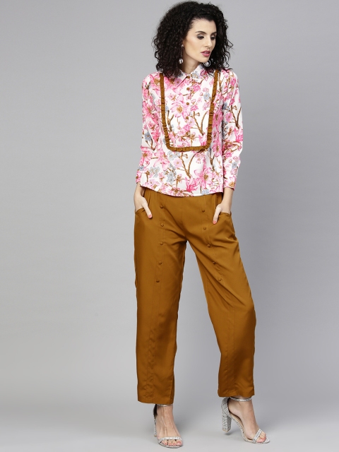 

aasi Women Pink & Mustard Yellow Printed Top with Trousers