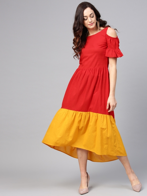 

aasi Women Red & Mustard Yellow Colorblocked Maxi Dress