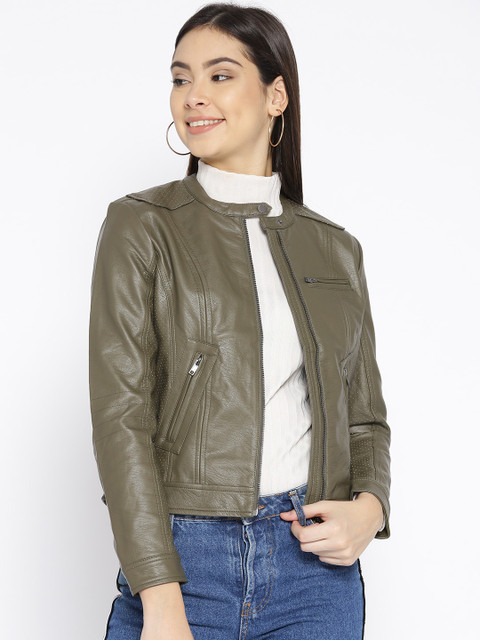 

United Colors of Benetton Women Olive Green Solid Biker Jacket
