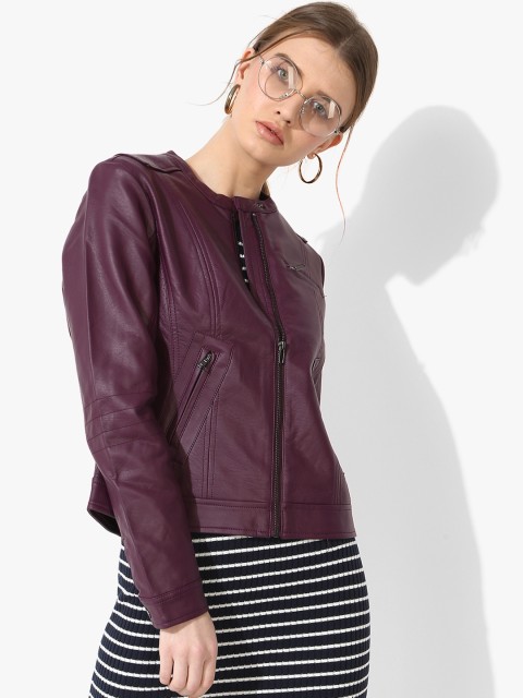 

United Colors of Benetton Women Purple Solid Leather Jacket
