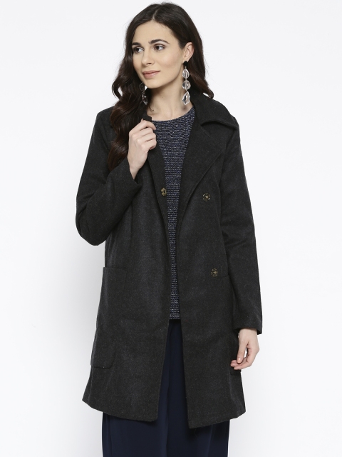

United Colors of Benetton Women Charcoal Grey Solid Overcoat