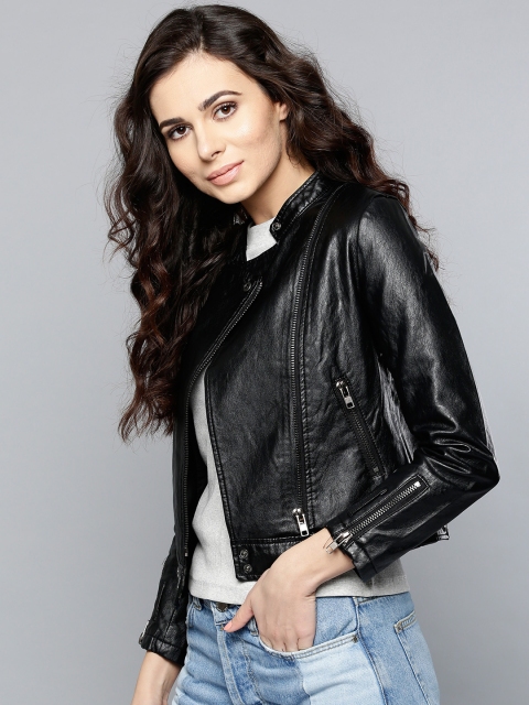 

VividArtsy Women Black Solid Water Resistant Biker Jacket