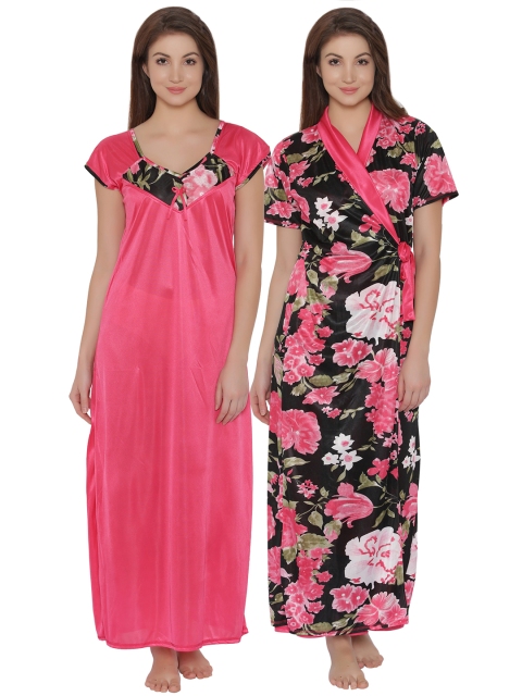 

Clovia Pink & Black Maxi Nightdress with Robe NSM287P13O