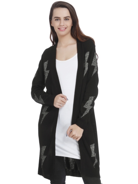 

ONLY Women Black & Grey Self Design Front-Open Longline Sweater