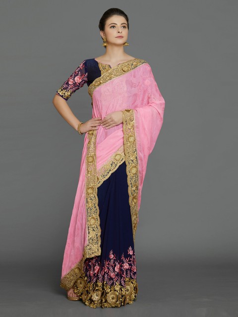

Mitera Pink & Navy Blue Pure Georgette Woven Design Saree
