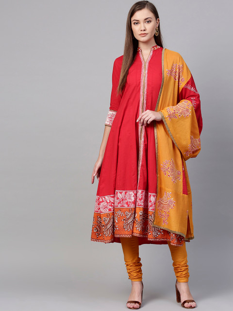 

Rain & Rainbow Women Red & Mustard Yellow Solid Kurta with Churidar & Dupatta