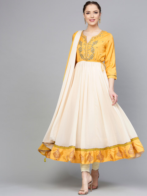 

Rain & Rainbow Women Off-White & Yellow Yoke Design Kurta with Churidar & Dupatta