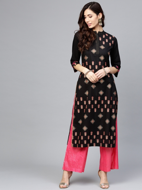 

Rain & Rainbow Women Black & Golden Printed Straight Kurta