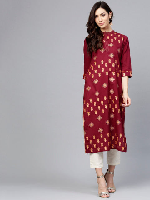 

Rain & Rainbow Women Maroon & Golden Printed Straight Kurta