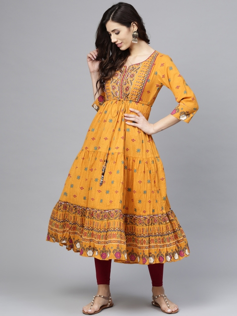

Rain & Rainbow Women Mustard Yellow & Maroon Printed Anarkali Kurta