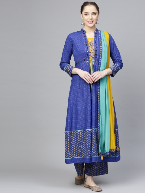 

Rain & Rainbow Women Blue & Mustard Yellow Printed Kurta with Palazzos & Dupatta