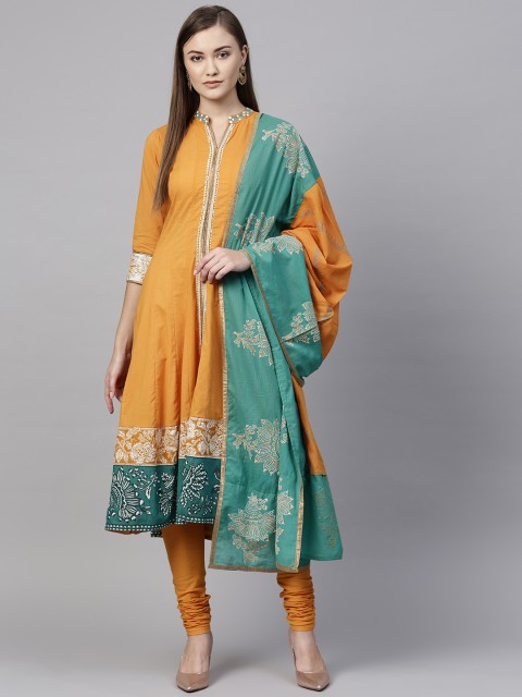 

Rain & Rainbow Women Mustard Yellow & Blue Solid Kurta with Churidar & Dupatta