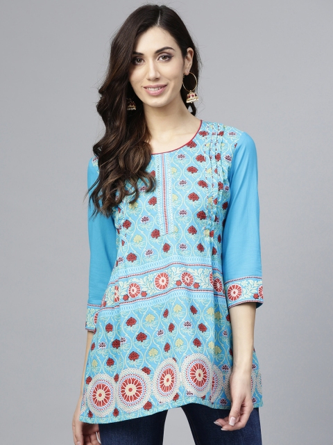 

Rain & Rainbow Women Blue Printed Longline A-Line Pure Cotton Top