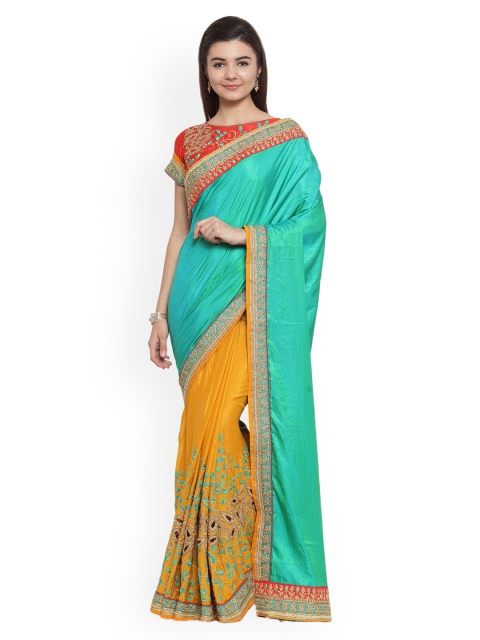 

Shaily Yellow & Turquoise Blue Satin Embroidered Saree