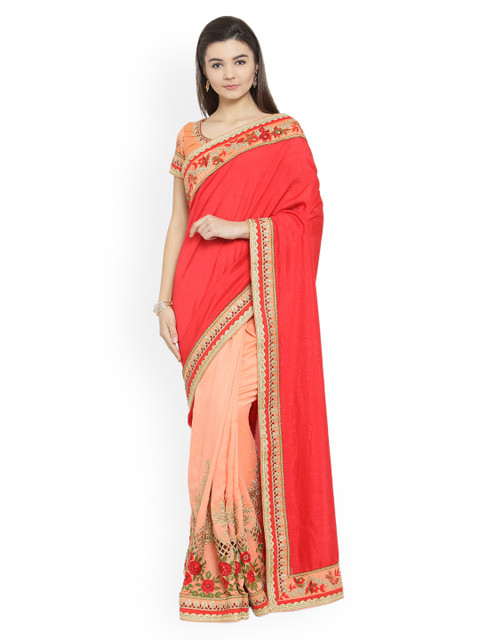 

Shaily Peach-Coloured & Red Satin Solid Saree
