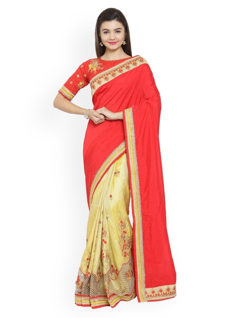 

Shaily Red & Gold-Toned Satin Embroidered Saree