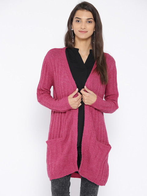 

ONLY Women Pink Ribbed Front-Open Sweater