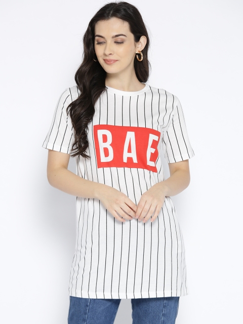 

ONLY Women White & Black Striped Round Neck Longline T-shirt
