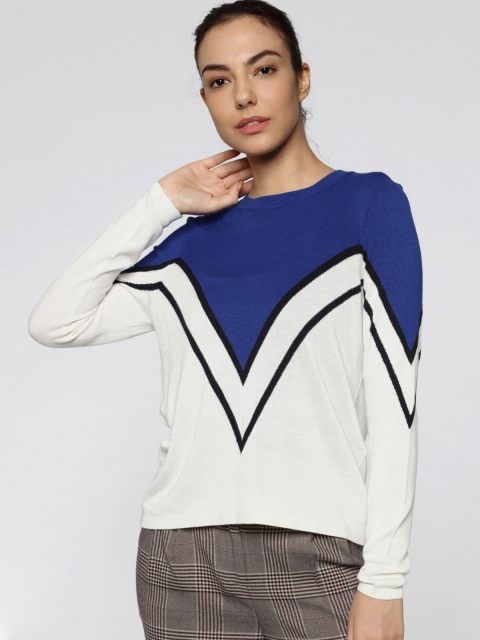 

ONLY Women White & Blue Colourblocked Sweater